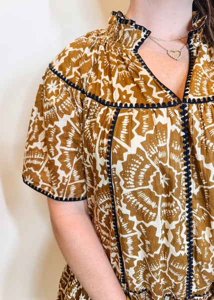 Brown Shell Stitched Trim Dress