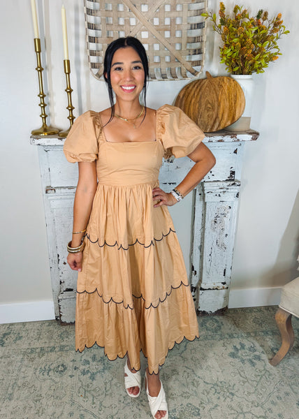 Tan & Black Scalloped Dress