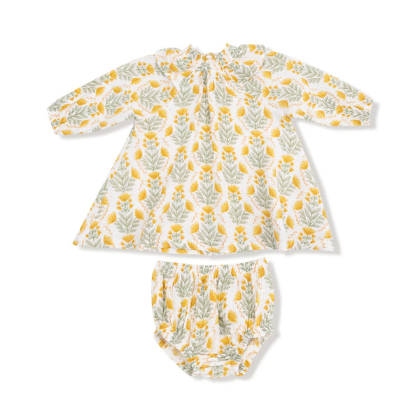 Winter Dandelions Smocked Neck Ruffle Dress & Diaper Cover