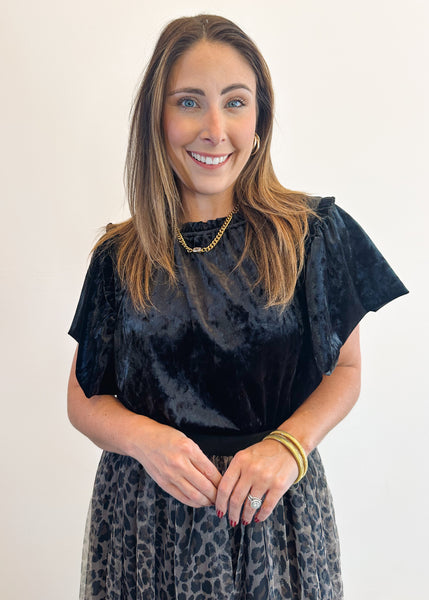 Solid Velvet Flounce Top in Black