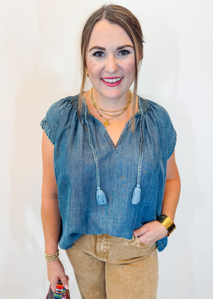Smock Neck Denim Top - Indigo