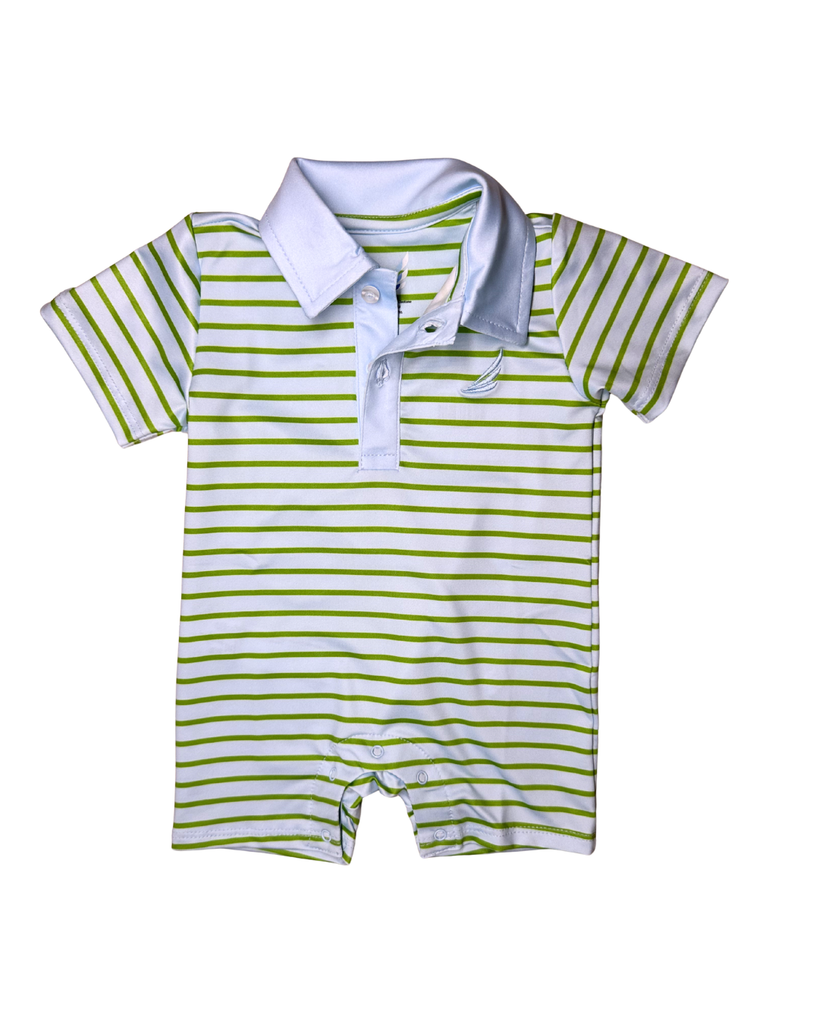 Banks Performance Polo Romper in Light Blue & Green Stripe