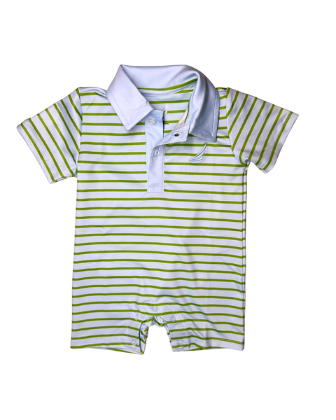 Banks Performance Polo Romper in Light Blue & Green Stripe