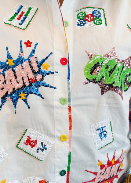 White Mahjong Icon Rainbow Collared Top