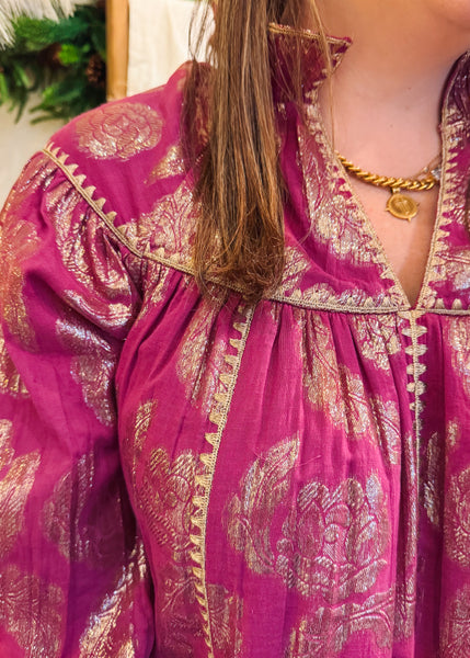 Metallic Roses Swing Dress in Raspberry