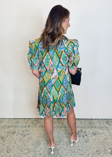 Green Print Pleated Hem Dresss