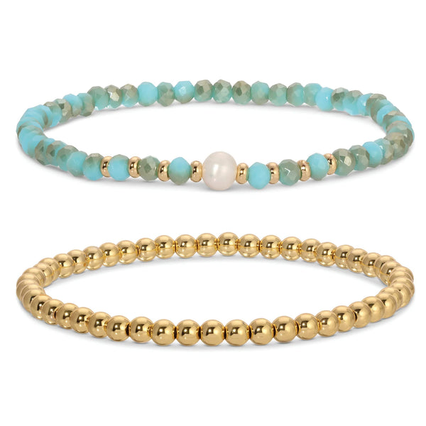 Beaded Duo Pearl Bracelet Set - Aqua