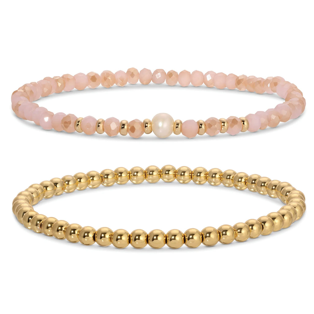 Beaded Duo Pearl Bracelet Set - Pink/Peach