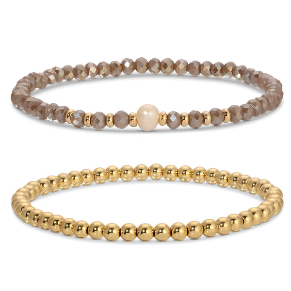 Beaded Duo Pearl Bracelet Set - Taupe