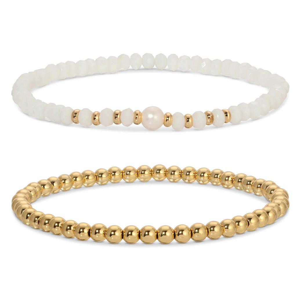 Beaded Duo Pearl Bracelet Set - White