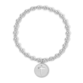 Beaded Stretch Bracelet with Cross Charm Silver
