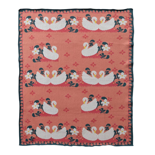 Cotton Knit Baby Blanket with Swans & Flowers