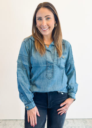 Tuck Sleeve Popover Shirt in Indigo