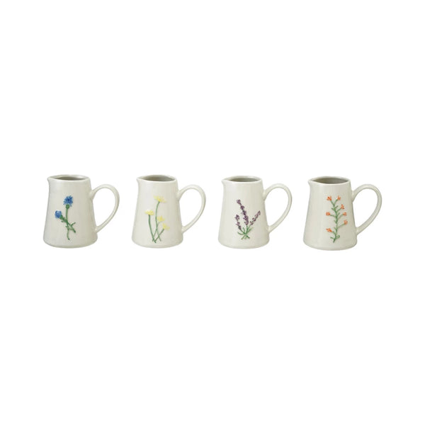Embossed Stoneware Creamer with Botanicals, 4 Styles
