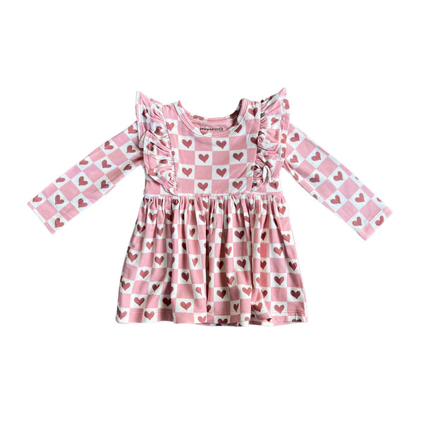 Checkered Hearts LS Ruffle Dress