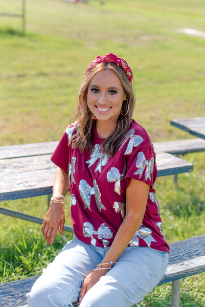 Maroon & Silver Bow Tee