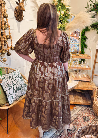 Metallic Roses Midi Dress in Brown