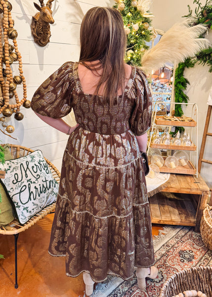 Metallic Roses Midi Dress in Brown