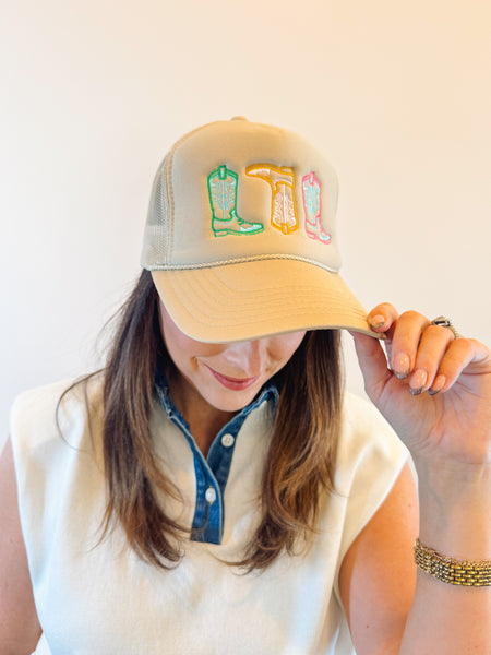 Colorful Boot Stitch Tan Trucker Hat