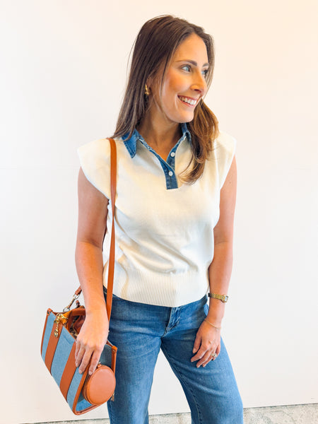 Off White Sweater Vest with Denim Collar