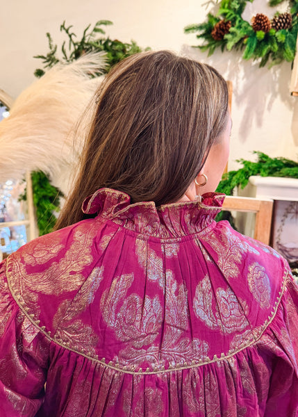 Metallic Roses Swing Dress in Raspberry