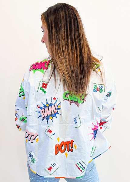 White Mahjong Icon Rainbow Collared Top