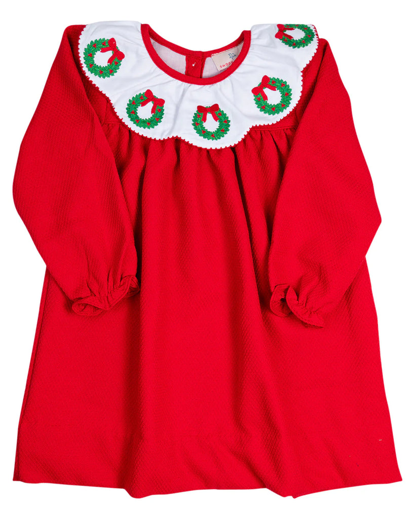 Girls Red Wreath Embroidered Scallop Collar Dress