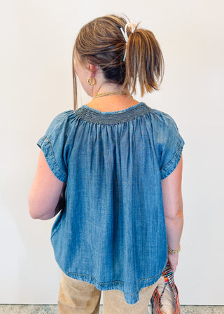 Smock Neck Denim Top - Indigo