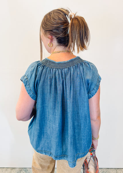 Smock Neck Denim Top - Indigo
