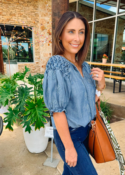 Smocked Sleeve Top - Indigo