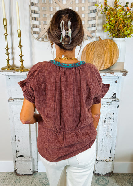 Embroidered Band Top in Brown