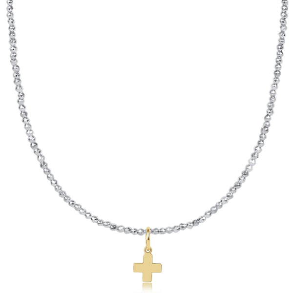 Choker Bright Silver Faceted Hematite 2mm Bead  15"- Signature Cross Gold Charm