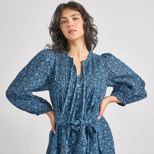 Pintuck Indira Dress in Stellar Blue Floral