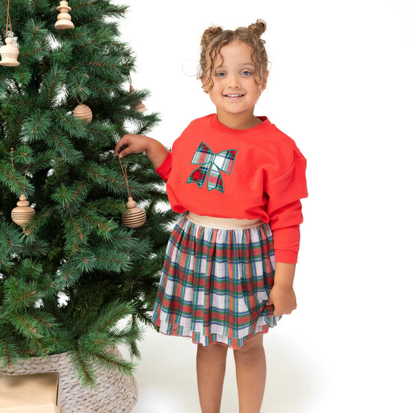 Holiday Plaid Bow Drop Sleeve Sweatshirt