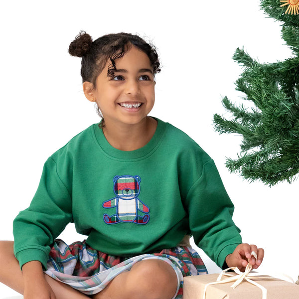 Holiday Plaid Bear Drop Sleeve Sweatshirt