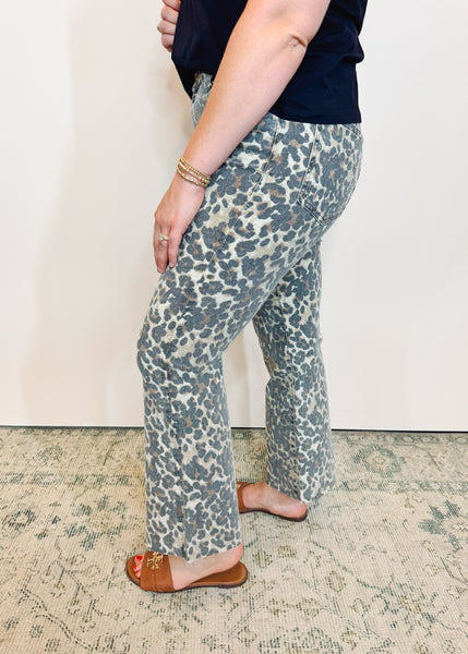 Kelsey High Rise Ankle Flare Jeans in Tan/Brown Animal Print