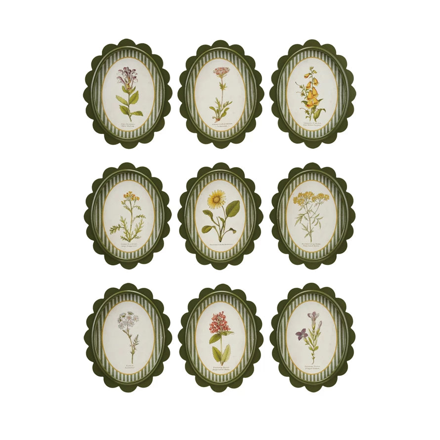 Oval MDF Framed Glass Scalloped Wall Decor with Flower & Striped Mat, 9 Styles