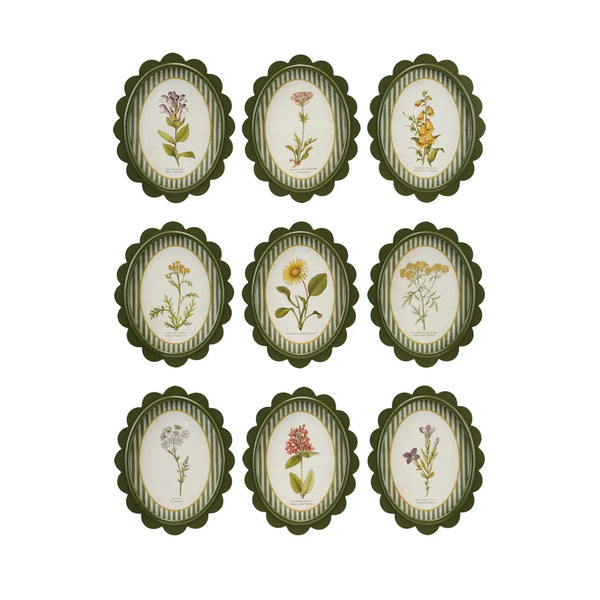 Oval MDF Framed Glass Scalloped Wall Decor with Flower & Striped Mat, 9 Styles