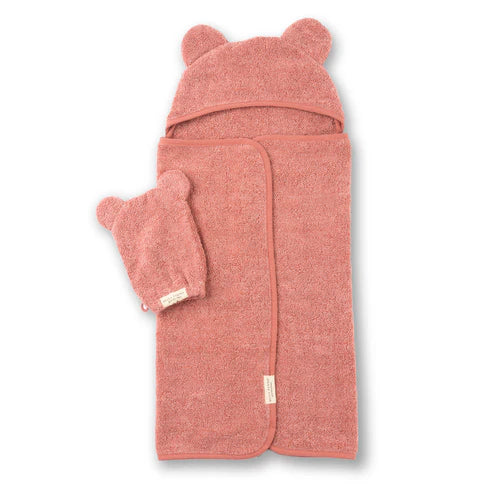 Hooded Towel + Wash Mitt Set in Watermelon