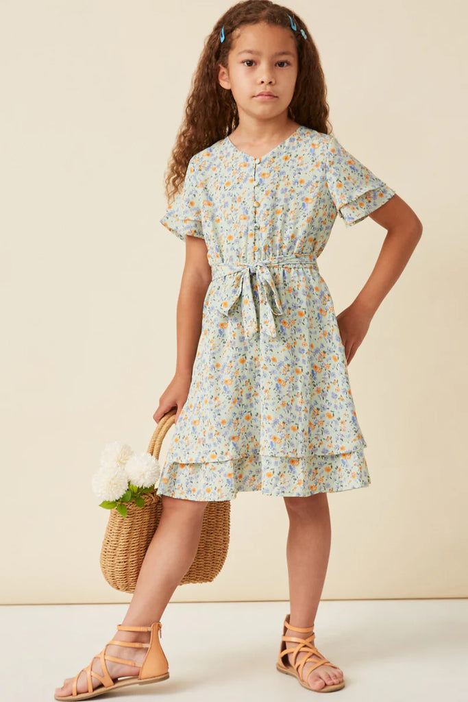 Ditsy Floral Belted Layered Button Detail Dress