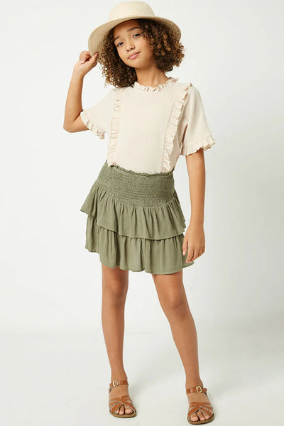 Smocked Ruffle Tiered Mini Skirt in Olive