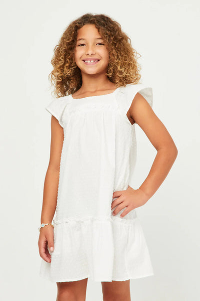 Swiss Dot Seamed Ruffle Shoulder Dress in Off White