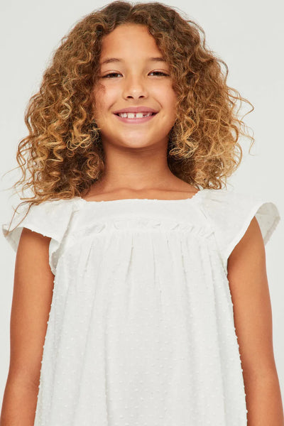 Swiss Dot Seamed Ruffle Shoulder Dress in Off White