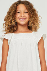 Swiss Dot Seamed Ruffle Shoulder Dress in Off White