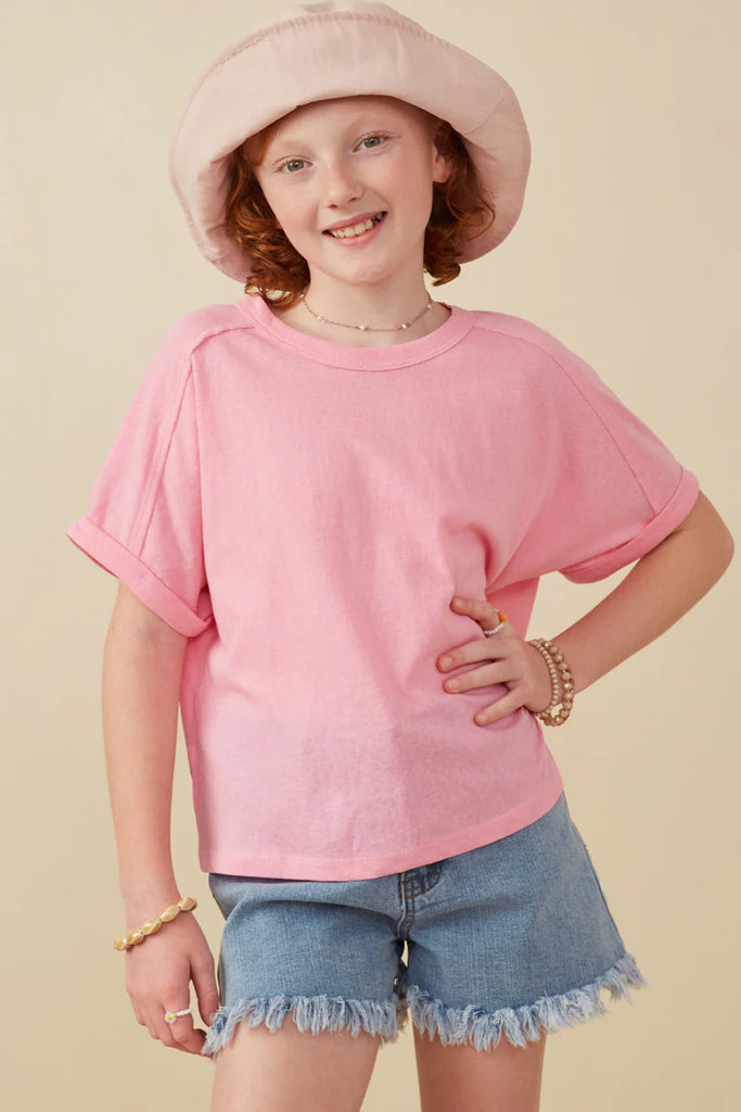 Raw Edge Detail Triblend Knit Dolman Tee in Pink