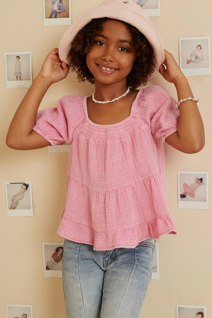 Washed Smock Detail Puff Sleeve Gauze Top in Pink