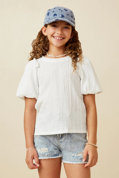 Crinkle Puff Sleeve Knit Top in Off White