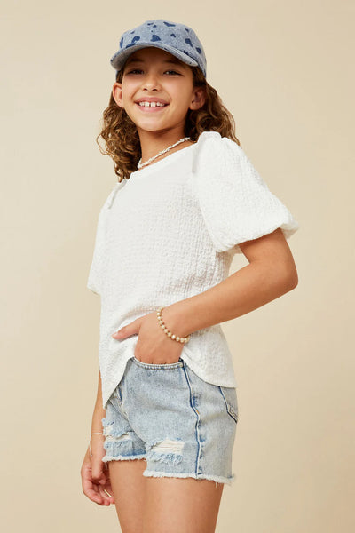 Crinkle Puff Sleeve Knit Top in Off White