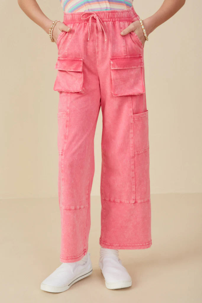 Washed Cargo Pocket Detail Wide Leg Knit Pants in Pink