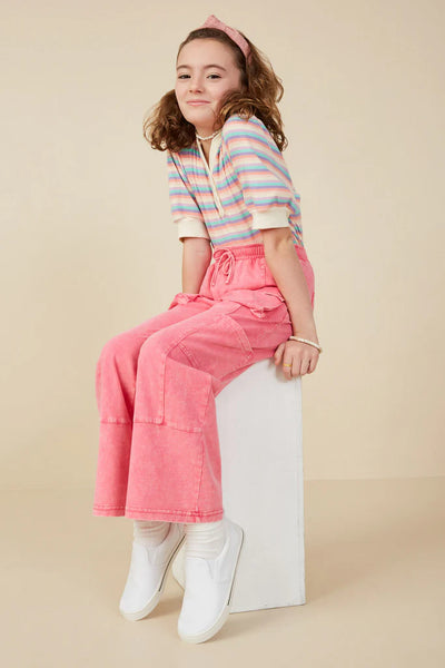 Washed Cargo Pocket Wide Leg Knit Pants in Pink